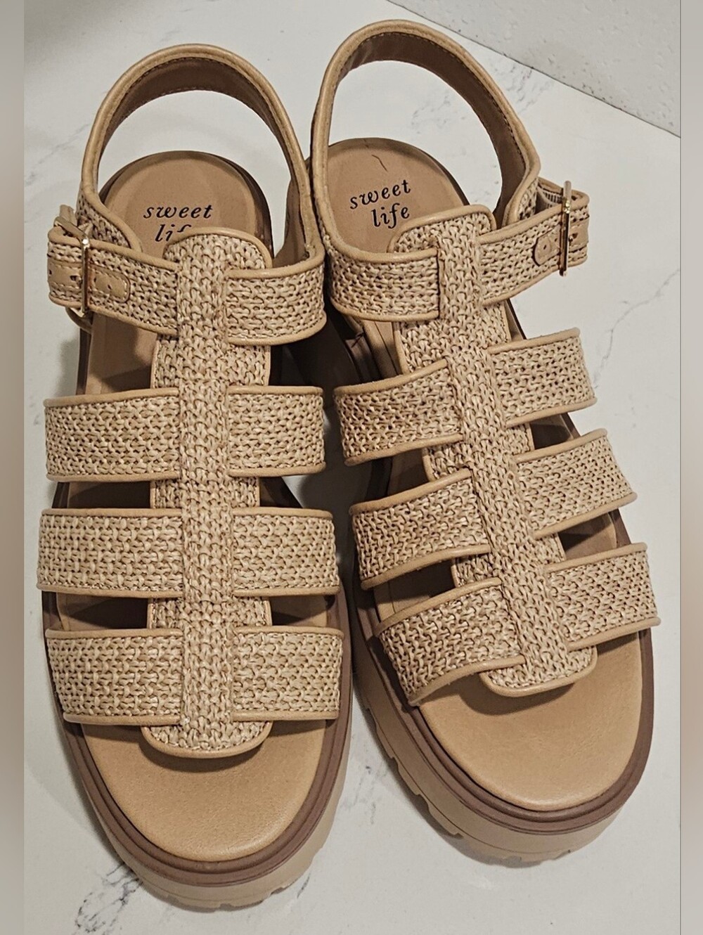 Sweet Life Woven Strappy Platform Sandals - Natural Tan Size 7.5M